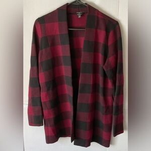 Talbots 100% merino wool sweater red and black plaid medium petite open front
